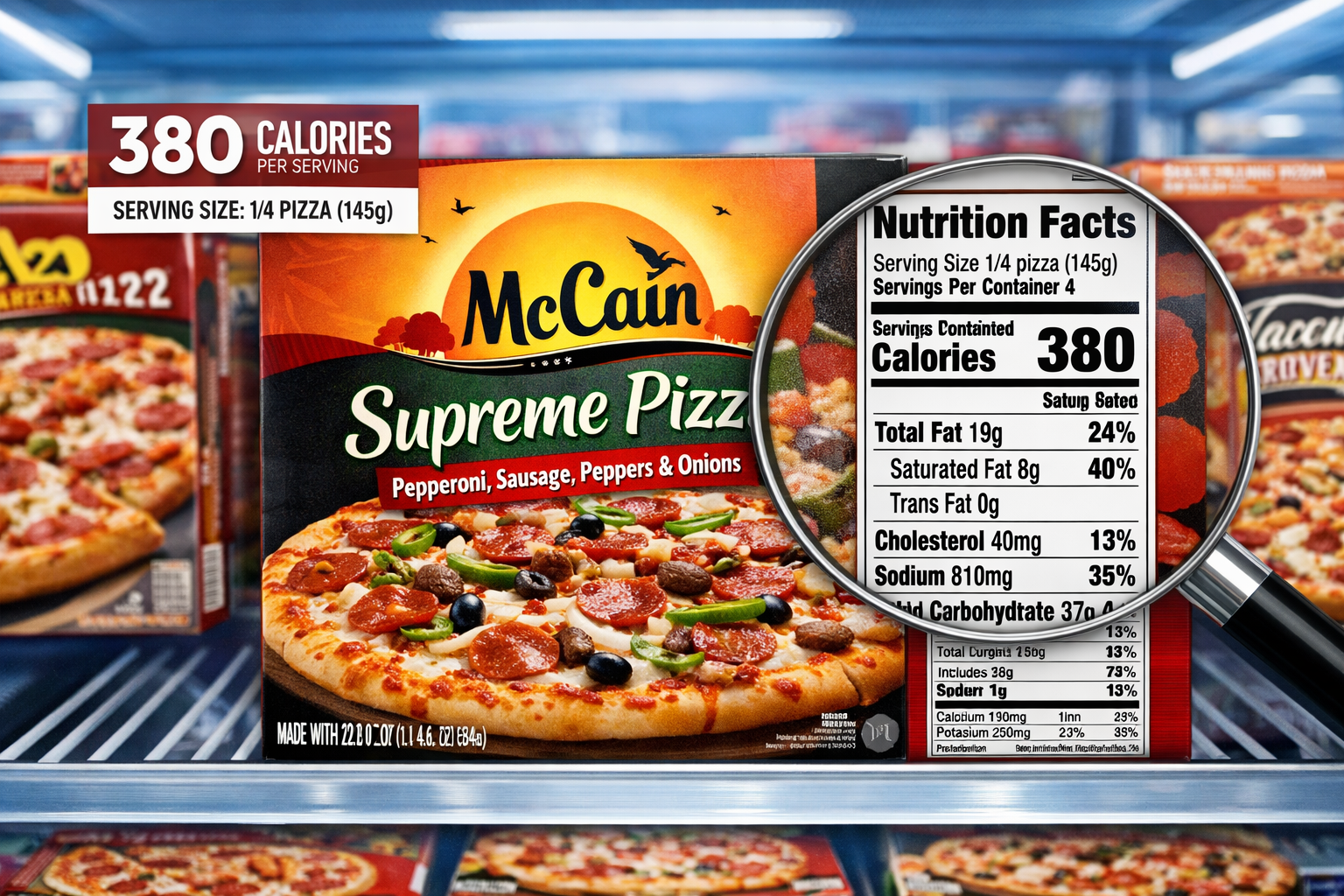 Detailed landscape image (1536x1024) showing McCain Supreme Pizza product packaging front and center on supermarket freezer shelf, clear pro